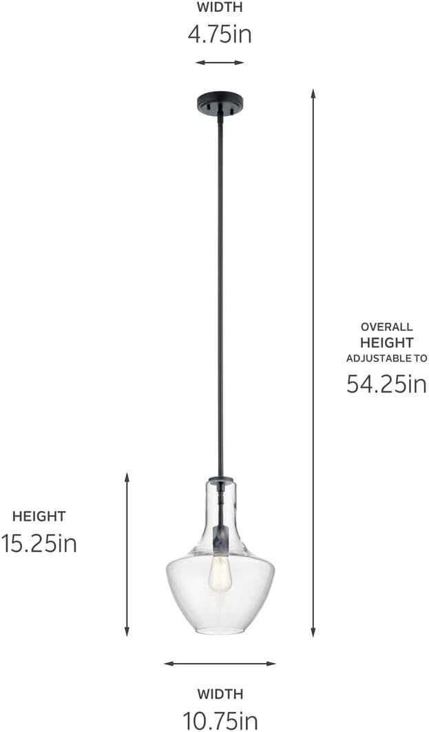 Kichler Everly 1-Light Pendant Light Fixture with Clear Glass Bell Shade in Black Finish for Kitchen Island, Dining Room, Living Room (15.25" x 10.5"), 42141BK