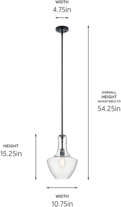 Kichler Everly 1-Light Pendant Light Fixture with Clear Glass Bell Shade in Black Finish for Kitchen Island, Dining Room, Living Room (15.25" x 10.5"), 42141BK