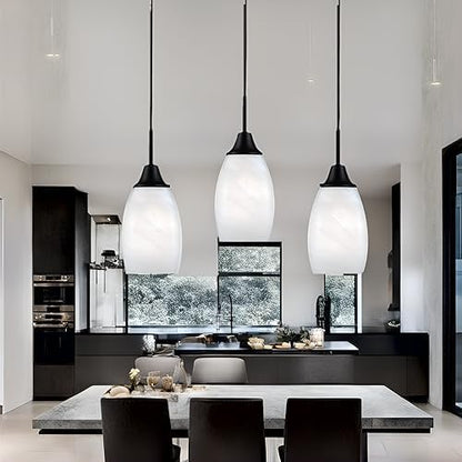 Viinew Mini Glass Pendant Light,4.72" Black White Hanging Lights 3-Pack Handblown White Oval Art Glass Hanging Pendant Light for Kitchen Island,Dining Room,Living,Foyer,Hallway, Entry