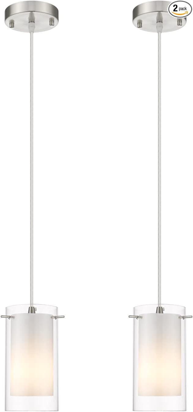 AKEZON Modern Glass Pendant Light 2 Pack, Adjustable Hanging Pendant Lighting Kitchen Lights Island Dining Room Bathroom Bar, Brushed Nickel Finish