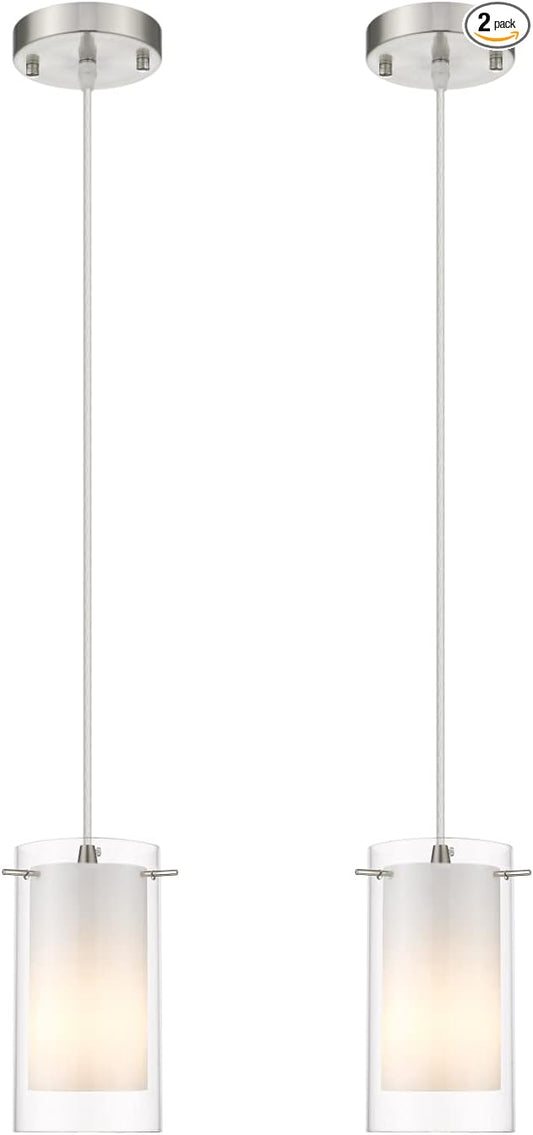 AKEZON Modern Glass Pendant Light 2 Pack, Adjustable Hanging Pendant Lighting Kitchen Lights Island Dining Room Bathroom Bar, Brushed Nickel Finish