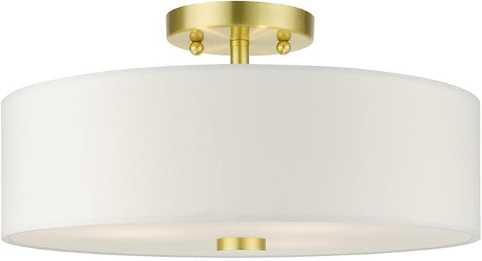 Livex Lighting 51054-12 Meridian Collection 3-Light Semi Flush Mount Ceiling Light with Off-White Hardback Fabric Shade, Satin Brass