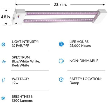 Feit Electric Grow Light 19W 2ft LED for Indoor Plants and Gardens, Full Spectrum Dual Hanging Bulb Grow Light, Hydroponic, GLP24ADJS/19W/LED