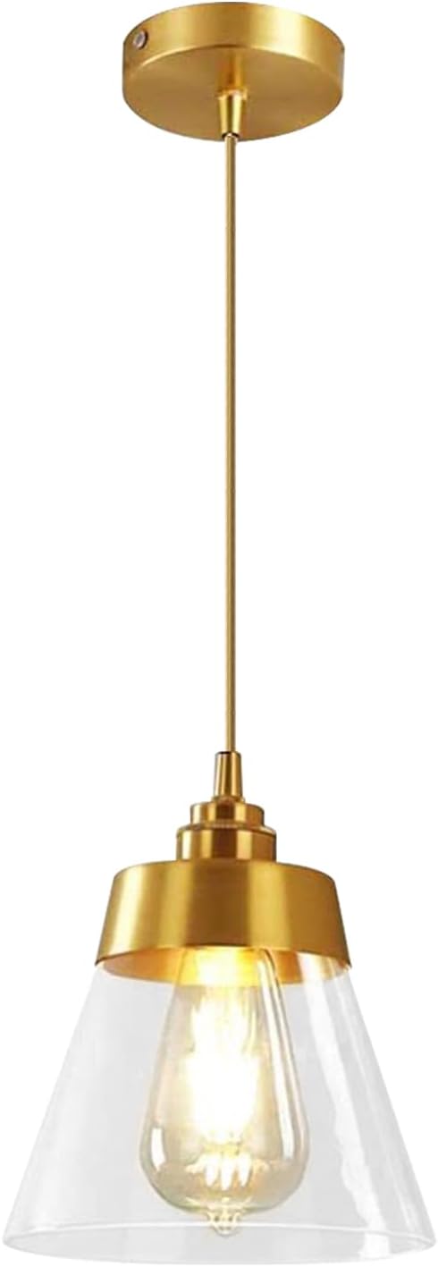 Modo Lighting Glass Pendant Light Metal Antique Brushed Brass Pendant Light Fixtures with Clear Glass Shade Modern Adjustable Hanging Light for Living Room Kitchen Island, Gold
