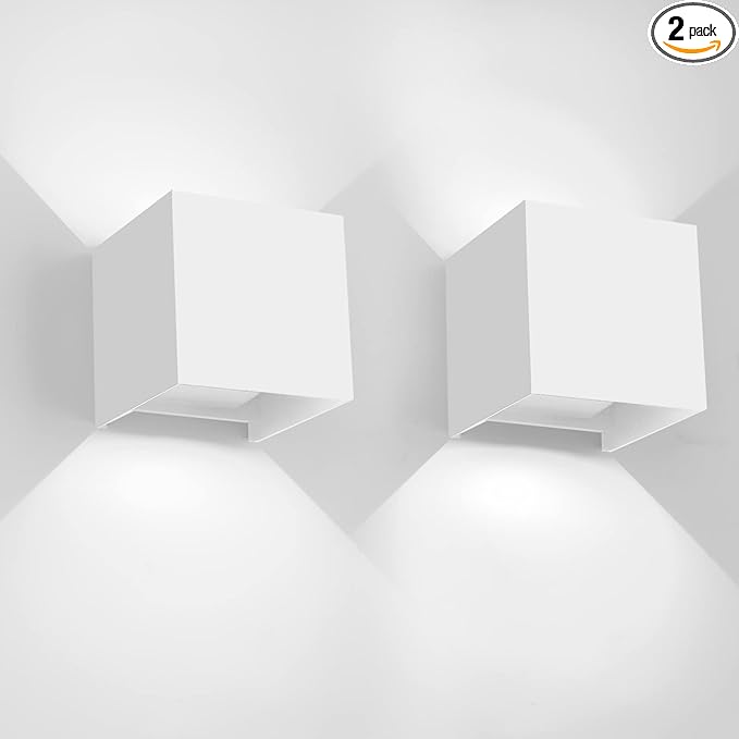 Mille Lucciole 12W 2Pack Outdoor Wall Lights Exterior/Interior,LED White Outdoor Wall Sconces Light Fixtures Modern,IP65 Waterproof Square Aluminum Wall Lamps, Up and Down Lights 6500K Cold Lights