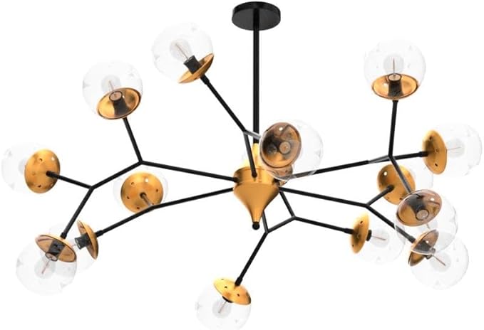hesoge 15 Light Sputnik Modern Large Chandelier, Mid Century Black and Gold Metal Ceiling Light Fixture with Glass Globe,Pendant Light Hanging for Dining Room Kitchen Living Room Bedroom Foyer.