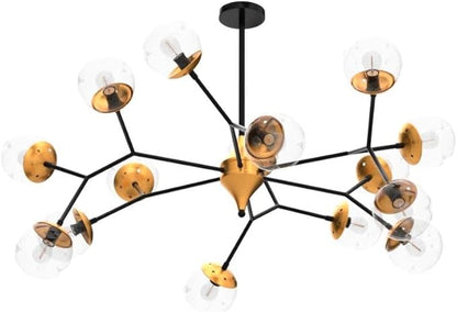 hesoge 15 Light Sputnik Modern Large Chandelier, Mid Century Black and Gold Metal Ceiling Light Fixture with Glass Globe,Pendant Light Hanging for Dining Room Kitchen Living Room Bedroom Foyer.