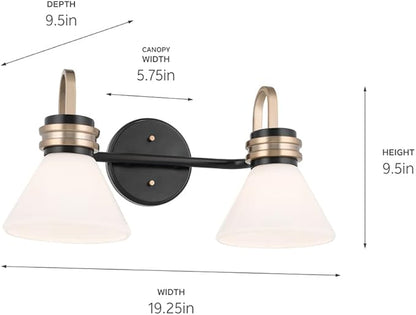 Kichler Farum 2-Light Bathroom Vanity Light Fixture with Opal Glass in Black with Champagne Bronze Accents, Modern Damp Rated for Over Mirror (19.25" x 9.5" x 9.5"), 55154BK
