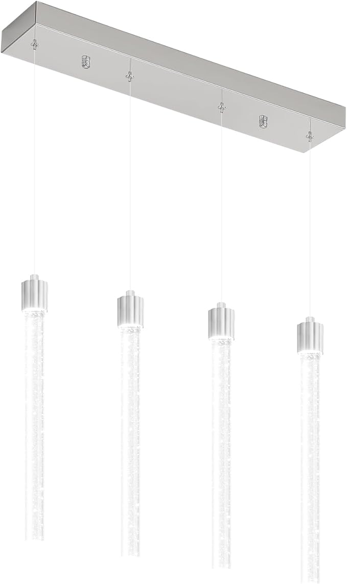 Modern Crystal Column Chandeliers for Dining Room Dimmable 4-Lights Silver LED Hanging Pendant Light Kitchen Island,Bedroom,Over Table,Living Room, Adjustable Height