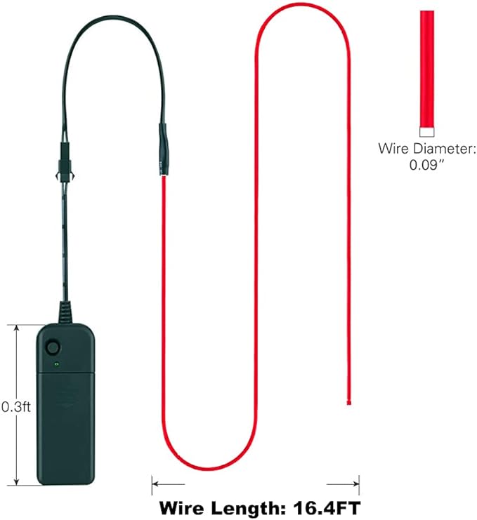MaxLax EL Wire Red, 16.4ft/5m Portable Battery Pack Neon Light Strip 360° Cuttable Glowing Rope Lights for Parties, Halloween, DIY Decoration