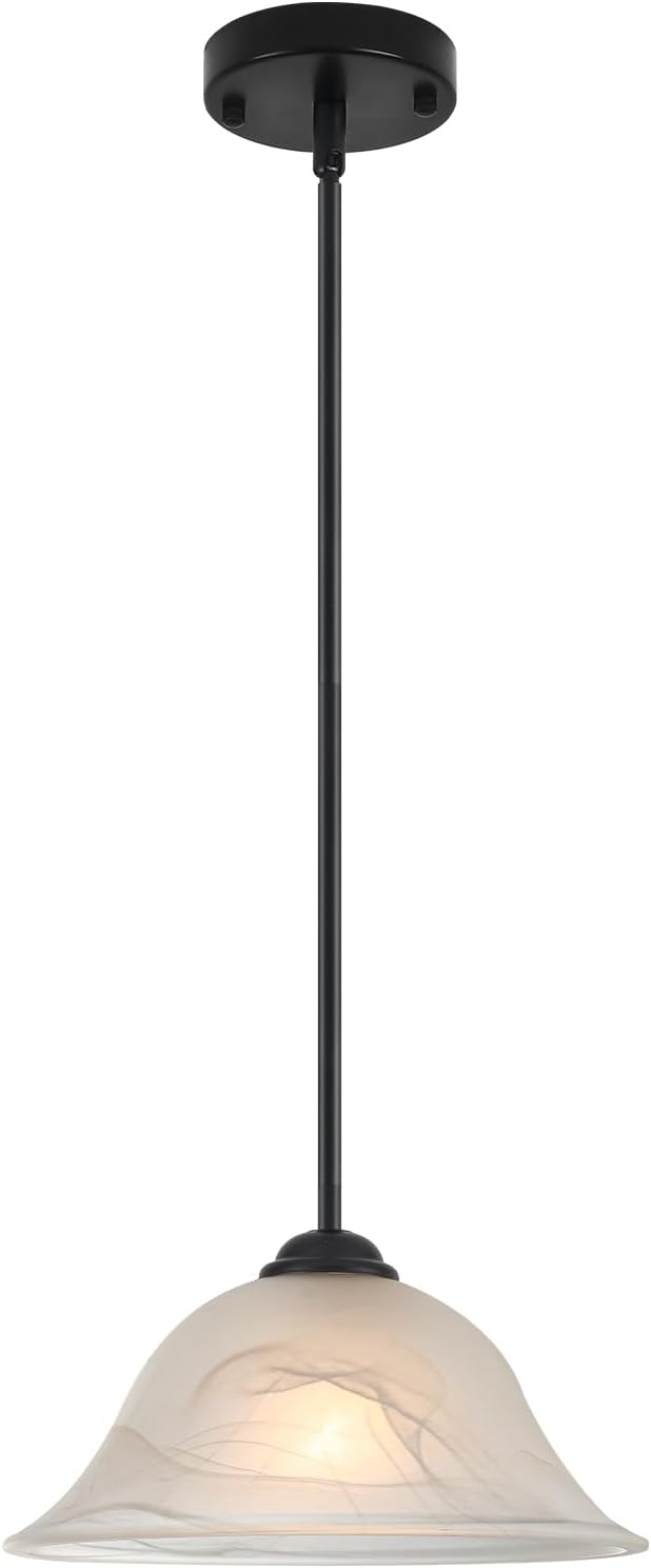 Kitchen Pendant Lights Over Island, 11.8 Inch Frosted Glass Pendant Lights with Rod, Alabaster Glass Kitchen Pendant 1-Pack, Black Farmhouse Hanging Pendant Light for Kitchen, Bar, Cafe