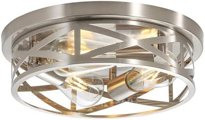 Brushed Nickel Cage Ceiling Light Fixtures,13 Inch Indoor Close to Ceiling Lights, 3-Light Round Vintage Metal Flush Mount Ceiling Lights for Bedroom, Living Room, Porch Kitchen