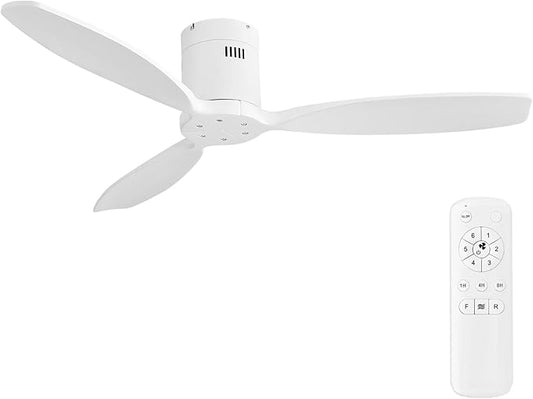 Sofucor 52'' Low Profile Ceiling Fan Remote Control without Lights,Wood Flush Mount White Ceiling Fans no light, Modern Ceiling Fan Reversible DC for Bedroom,Farmhouse,Living Dining Room,Kitchen