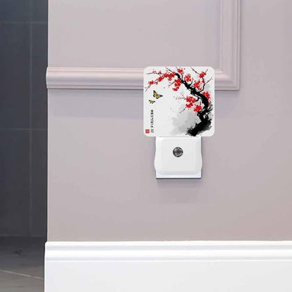 Plum Blossoms and Butterflies Night Light Red Ink Painting Style LED Night Lights Plug into Wall for Stairway Hallway Bedroom 0.5W Nightlight