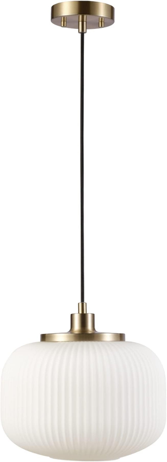 Globe Electric 65842 1-Light Pendant Lighting, Matte Brass, Frosted Ribbed Glass Shade