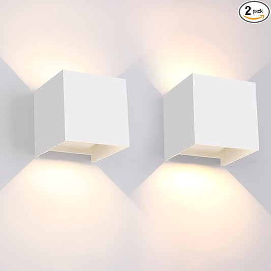 Mille Lucciole 12W 2Pack Outdoor Wall Lights Exterior/Interior,LED White Outdoor Wall Sconces Light Fixtures Modern,IP65 Waterproof Square Aluminum Wall Lamps, Up and Down Lights 3000K Warm Lights