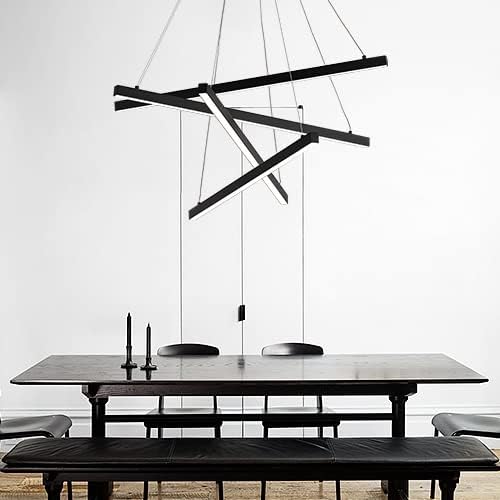Modern Led Chandelier, High Ceiling Chandelier, Linear Chandelier 4 Lights Black Dimmable Large Pendant Light 51.8“ for Living Room Staircase Entry Foyer Lobby Office Duplex
