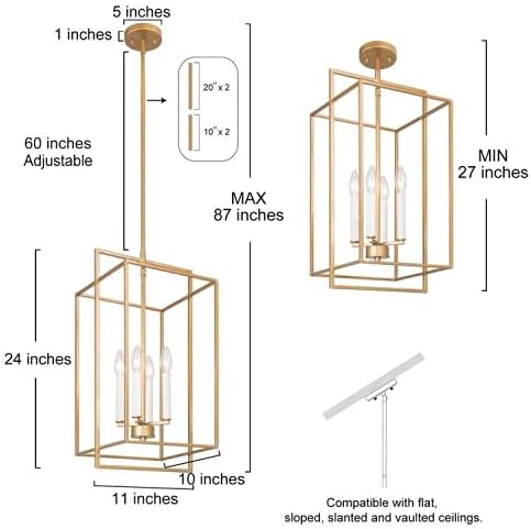 KSANA Antique Gold Chandelier, 4-Light Modern Linear Chandeliers, Pendant Hanging Light Fixtures for Dining Rooms, Foyer, Living Room, Bedroom and Kitchen Island