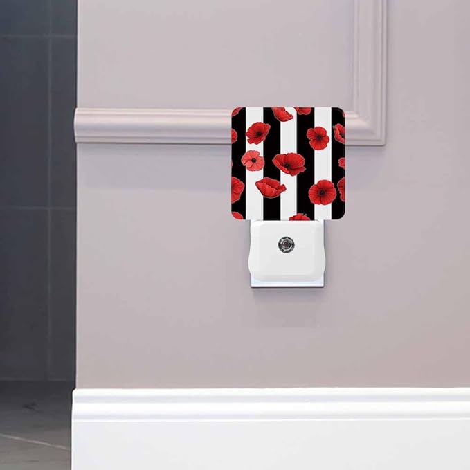 Black and White Stripes Night Light Red Poppy Petals Plug into Wall with Dusk to Dawn Light Sensors 0.5W Warm Nightlights for Bedroom Bathroom Hallway