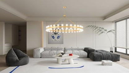 60 Inch Gold Wagon Wheel Chandelier with Crystal Shade, 60 Lights, Modern Farmhouse Style, Ideal for Dining Room, Kitchen, Entryways