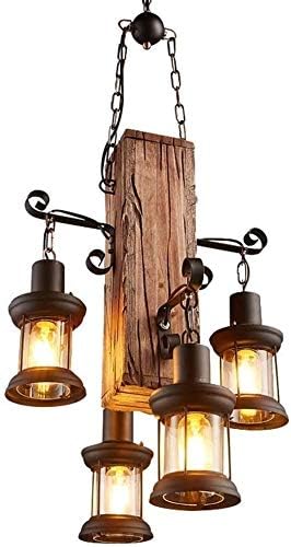 Wood Retro Pendant Lighting Industrial Vintage Chandelier Black Metal Bedroom Restaurant Suspension Lamp Cage Frame with Glass Shade House Loft Bar Coffee Decoration Ceiling Lights Fitting, E27