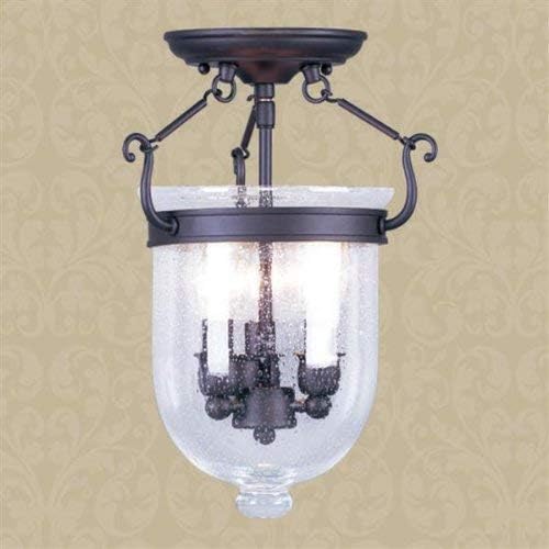 Livex Lighting 5081-07 Jefferson 3 Light Bronze Bell Jar Semi Flush with Seeded Glass