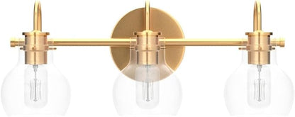 KSANA Gold Bathroom Light Fixtures, 3 Light Modern Vanity Lights Over Mirror with Globe Clear Glass Shades for Bedroom, Kitchen, Powder Room