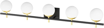 Ralbay Mid Century Modern Bathroom Vanity Light Fixture 5 Light Milky Glass Globe Modern Bathroom Light Fixture Over Mirror, Black/Golden 5 Light