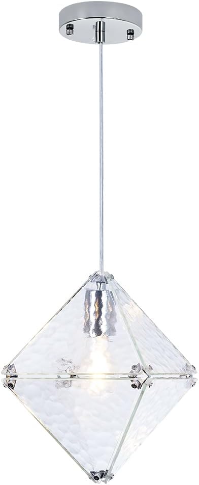 Modern Geometric Pendant Light Water Ripple Textured Glass Chrome Finish Square Diamond Shape, Adjustable Height Hanging Pendant Lighting for Kitchen Island, Dining Room, Entryway