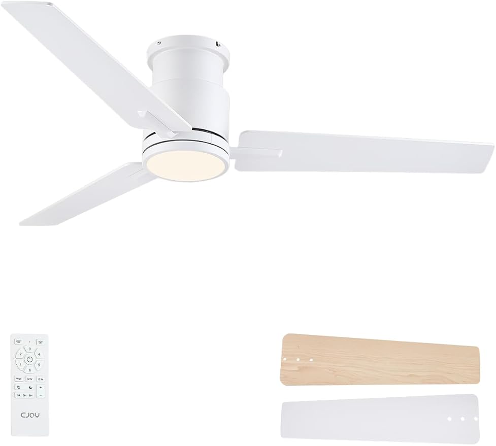 CJOY Ceiling Fans with Lights, 52 Inch Low Profile Ceiling Fans with Light and Remote, Reversible DC, Flush Mount, 3CCT，Dimmable, Modern Indoor/Outdoor Design for Bedroom, Living Room, Patio, Kitchen