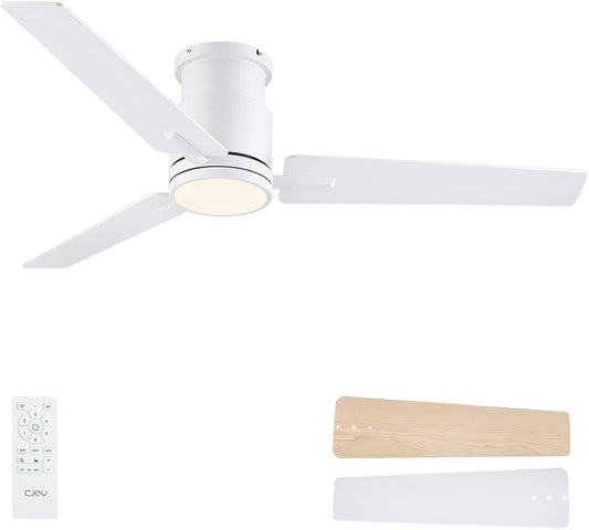 CJOY Ceiling Fans with Lights, 52 Inch Low Profile Ceiling Fans with Light and Remote, Reversible DC, Flush Mount, 3CCT，Dimmable, Modern Indoor/Outdoor Design for Bedroom, Living Room, Patio, Kitchen