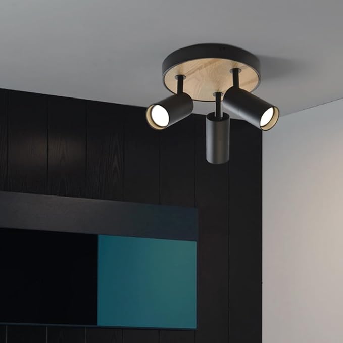 Track Lighting Fixtures Ceiling 3-Light,Spotlight Indoor for Bedroom,Aluminum&Adjustable Lampshade,Black and Wood Track Lighting for Kitchen,Laundry,Bathroom,Small Space,Gu10 Directional Ceiling Light