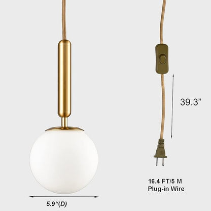 DIRYZON Modern Gold Pendant Light with Plug-in Cord,Milk Glass Pendant Hanging Lighting Globe Swag Light Plug in for Bedroom Living Room （15 CM/6 INCH）