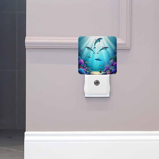 Dolphins LED Night Lights Plug into Wall Various Plants in The Underwater World 0.5W Plug in Night Light, Dusk to Dawn, Bright Nightlight Auto On/Off, for Room Bedroom Bathroom