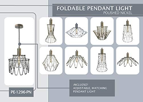 Royal Designs, Inc. Foldable Industrial Metal Pendant Light with Adjustable 7 ft Long Lamp Cord & Canopy, Create 9 Different Shapes, Polished Nickel, Single