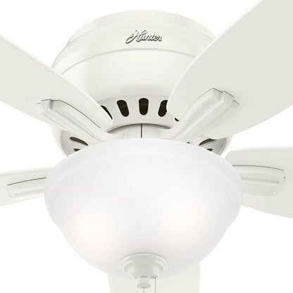 Hunter 52 inch Indoor Ceiling Fan with LED Light - White Ceiling Fan with Pull Chain, For Bedroom or Living Room, Low Profile Flush Mount, No Remote, 5 Blades - Newsome 53313, Fresh White