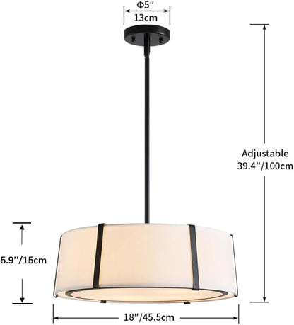 Shrine Lighting Drum Pendant Light, Modern Style, Drum Chandeliers for Dining Room, D18'' x H6'', Adjustable Chains 39'', E12*4 Sockets, White Lampshade & Black Finish