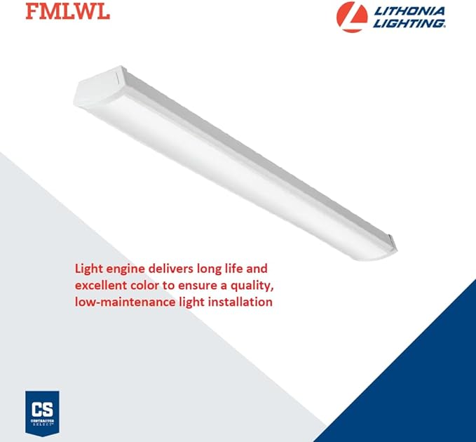 Lithonia Lighting 4 Foot LED Light Fixture, Low-Profile LED Wraparound Flush Mount Ceiling Light, 2700K Soft White, 120V, 48-Inch (FMLWL 48 827)