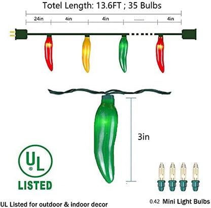 Multicolor Chili Pepper String Lights Plug in, 13.6Ft Outdoor Christmas Decorations Lights with 35 LED Red Green Yellow Chili Pepper Lights for Cinco de Mayo Fiesta House Kitchen Patio Mexican Party