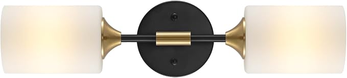 BYOLIIMA Industrial Mid Century Wall Sconce 2-Lights with White Cylinder Glass Shades Modern Bathroom Vanity Wall Lamp Matte Black and Gold Brushed Brass Finished Wall Light Fixture