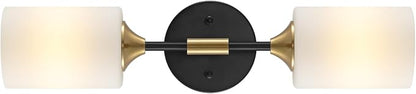 BYOLIIMA Industrial Mid Century Wall Sconce 2-Lights with White Cylinder Glass Shades Modern Bathroom Vanity Wall Lamp Matte Black and Gold Brushed Brass Finished Wall Light Fixture