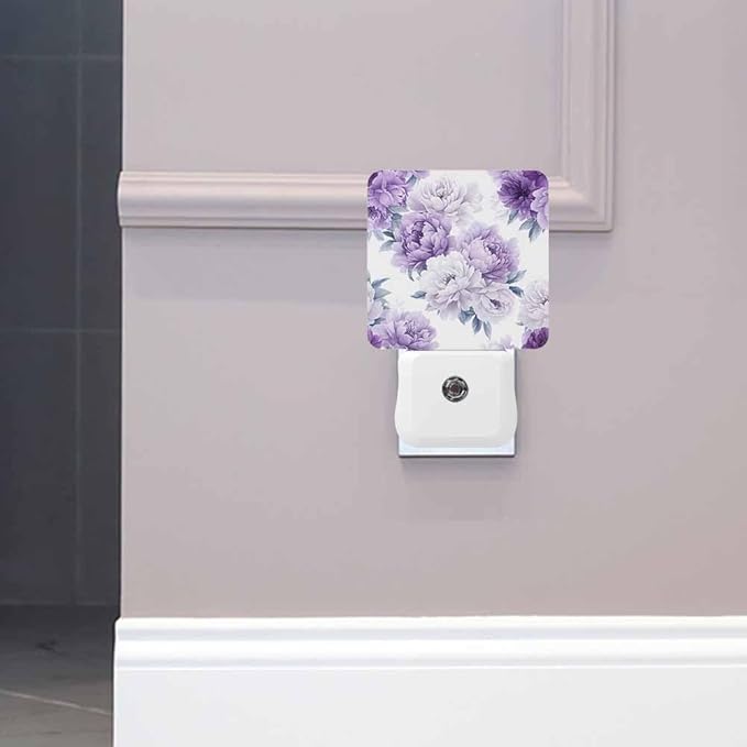Purple Flowers Night Light Peonies in Full Bloom 0.5W Night Lights Auto LED Lamp Energy Saving Square Lights for Room Bedroom Bathroom