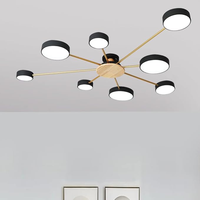 8-Lights LED Ceiling Light Fixture,48 Inch Modern Ceiling Lights Flush Mount Wooden 64W Dimmable Chandelier for Living Room Bedroom Kitchen,3000K/4000K/6000K Temperatures Selectable Black