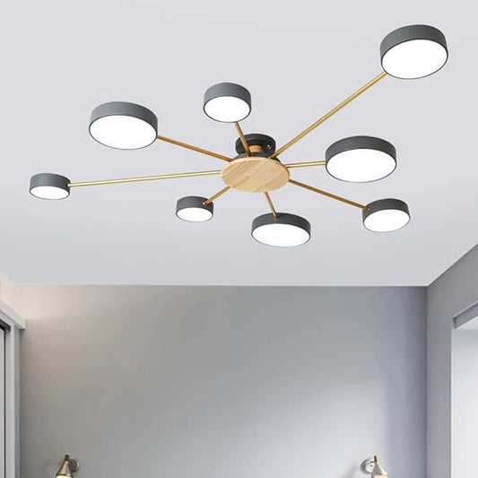8-Lights LED Ceiling Light Fixture,48 Inch Modern Ceiling Lights Flush Mount Wooden 64W Dimmable Chandelier for Living Room Bedroom Kitchen,3000K/4000K/6000K Grey