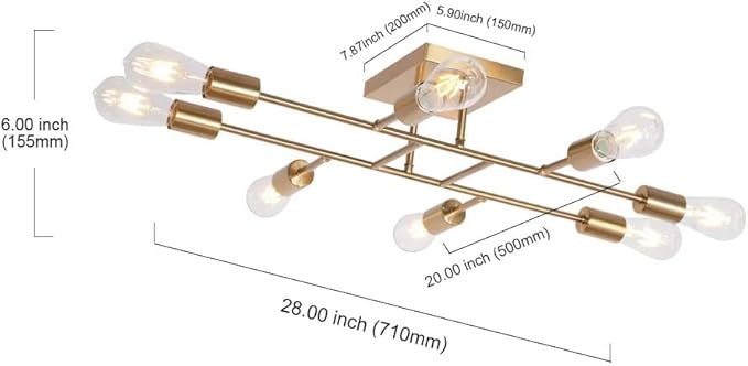 8 Light Modern Kitchen Ceiling Lighting Fixture, Mid Century Brushed Brass Semi Flush Mount Low Ceiling Living Room Light fixtures for Dining Room Bedroom Foyer Basement