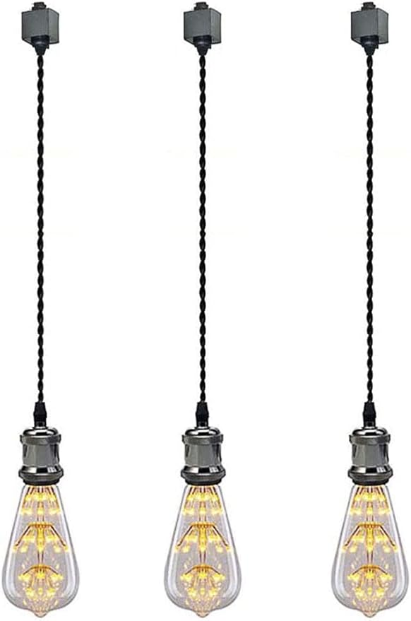 Kiven 3-Light H-Type Wire Track Light Pendants, 59 Inch Cord Length Black Weave Rope, Restaurant Chandelier Decorative Pendant Light Industrial Factory Pendant Lamp 3 Pack,Bulb Not Included（Black）