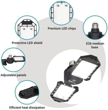 GT-Lite 3000 Lumens LED Garage Light, 300-Watt Equivalent, 5000K Daylight, E26 Base, Adjustable Panels,1 Pack