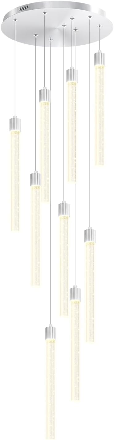 Modern 9-Lights Silver Crystal Column Chandeliers for Entrance Dimmable LED Pendant Lighting Hanging Lights for Dining Room Bedroom Foyer Staircase Living Room