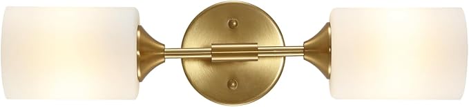 BYOLIIMA 2-Lights Gold Wall Sconce with White Cylinder Glass Shades Modern Mid Century Bathroom Vanity Wall Light Fixtures Industrial Brushed Brass Wall Lamp for Bedroom Mirror Living Room Restaurant