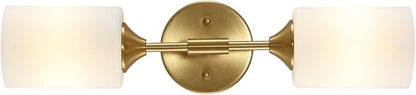 BYOLIIMA 2-Lights Gold Wall Sconce with White Cylinder Glass Shades Modern Mid Century Bathroom Vanity Wall Light Fixtures Industrial Brushed Brass Wall Lamp for Bedroom Mirror Living Room Restaurant